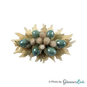 Vintage White & Teal Beaded Early Plastic Elongated Floral Mini Corsage Brooch